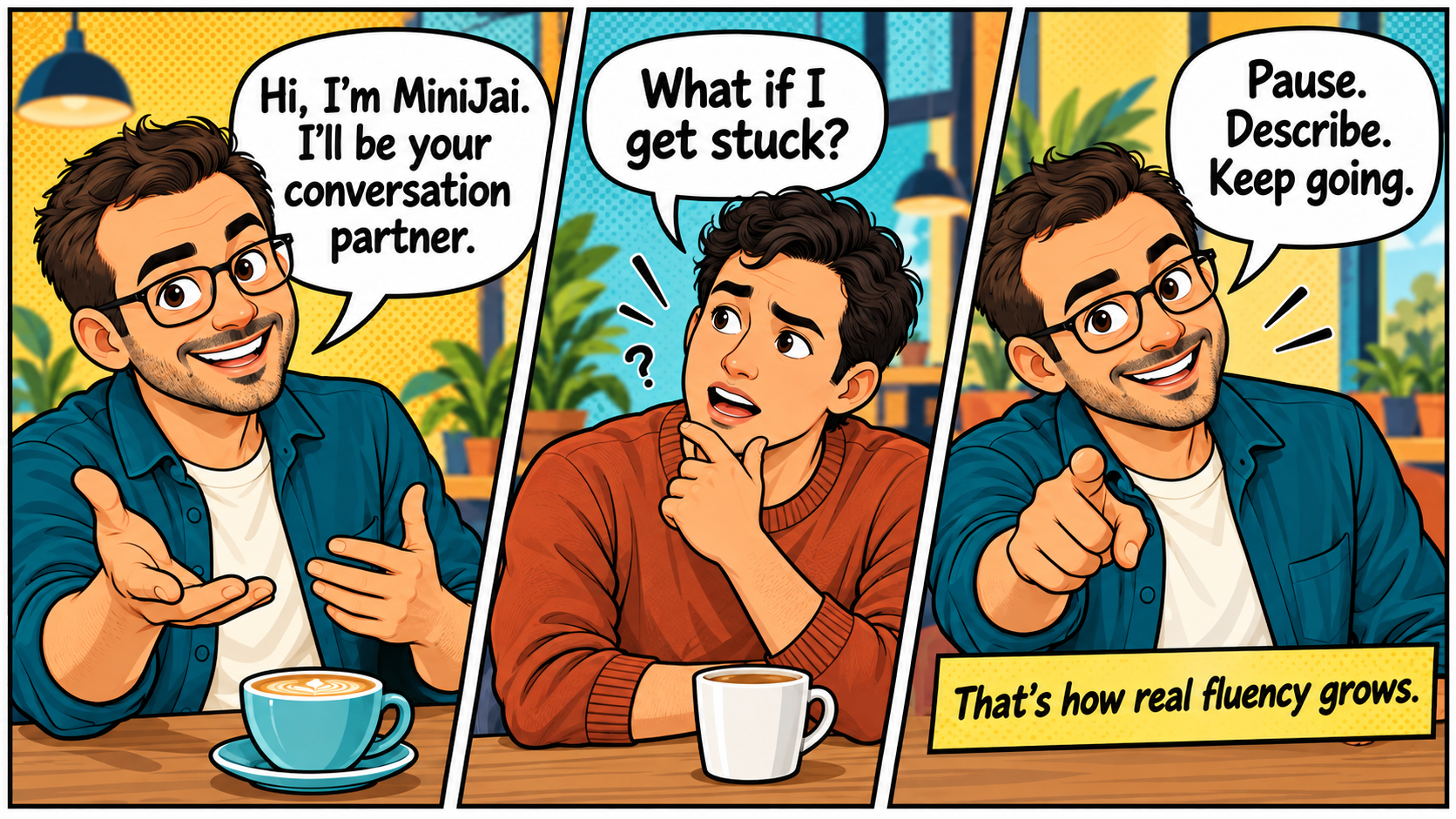 MiniJai shows a learner how to pause, describe and keep a conversation going